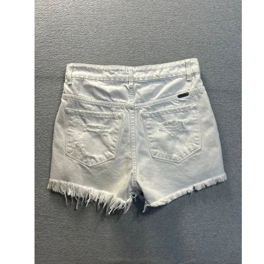 KanCan High Rise Distressed Denim Shorts Womens Medium White Raw Frayed Hem